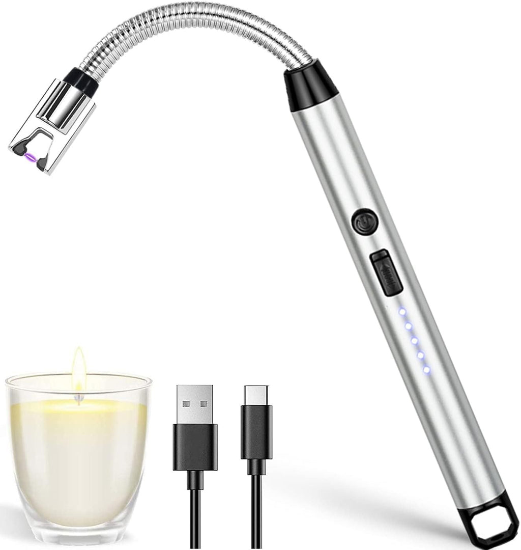 Lighter | Electric Arc Lighter with Flexible Neck | Flameless USB Candle Lighter with Safety Lock & LED Battery Indicator silver