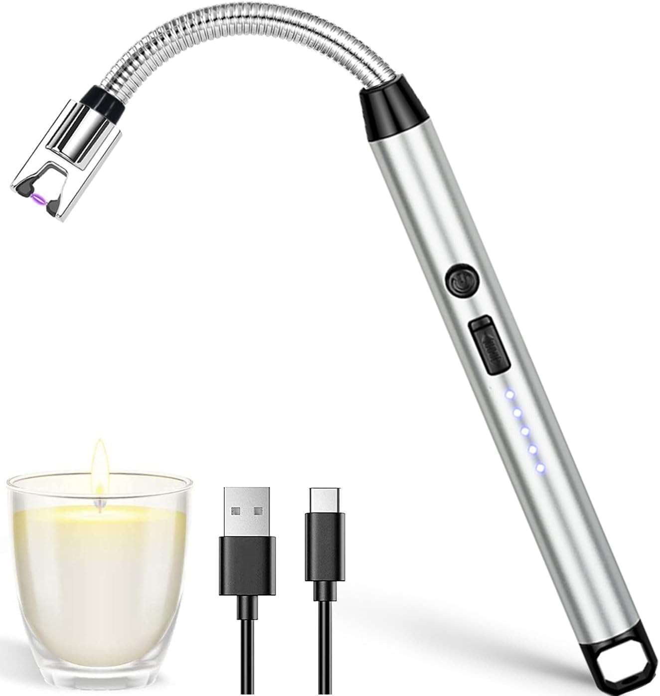 Lighter | Electric Arc Lighter with Flexible Neck | Flameless USB Candle Lighter with Safety Lock & LED Battery Indicator silver
