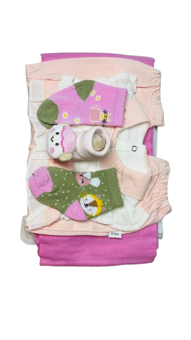 Combo | Baby Girl Ruffle Romper| Baby Printed Socks| Hooded Cotton Bath Towel | Baby Cotton Bootie Socks | Newborn Cotton Muslin Cloths | Gift Set |