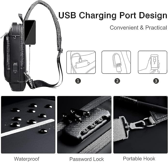 Sling Bag for Men - Sling Bag Crossbody Shoulder Bag for Men Women | Travel & Business Chest Bag with USB Charging Port | Waterproof Small Backpack – Black