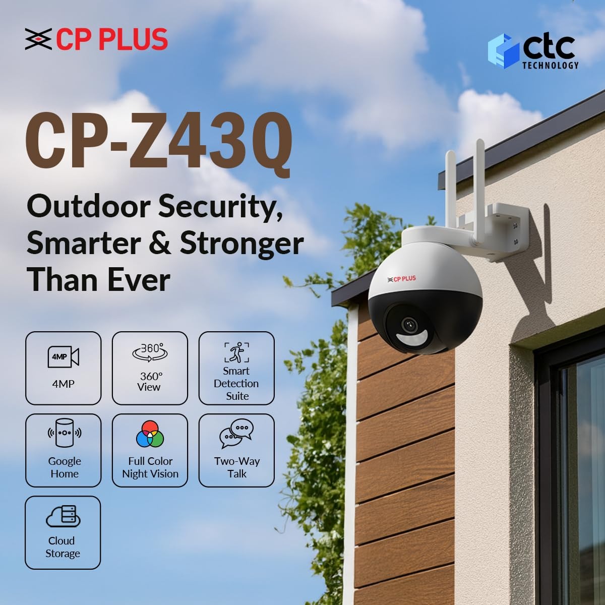 CP PLUS 4MP Quad HD Outdoor Wi-Fi CCTV Camera | 360° Pan & Tilt | Full-Color Night Vision | CTC Cyber Secure Tech | Smart Detection Suite | View & Talk
