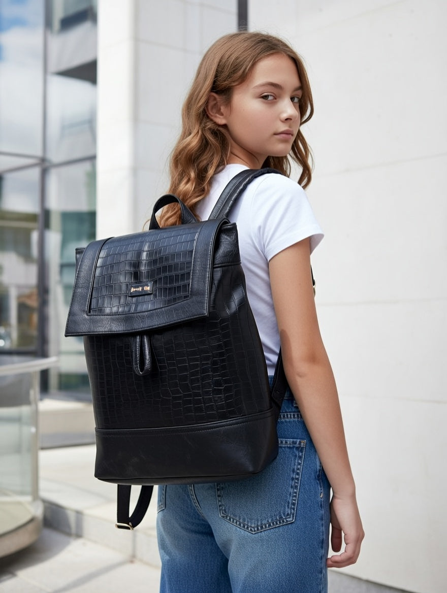 North pole Black Crocodile-Textured Leather Backpack for Men | Premium Faux/ Genuine Leather | Stylish Office & Travel Bag