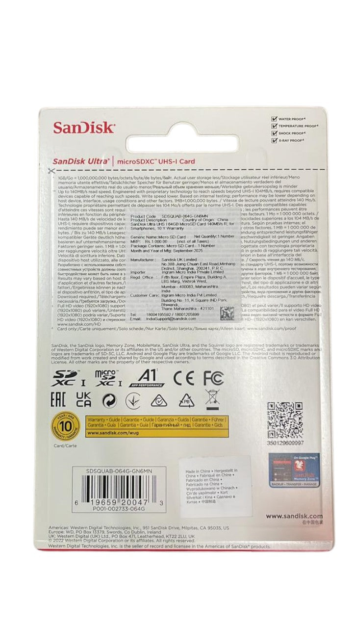 SanDisk Ultra 64GB microSDXC UHS-I, 140MB/s R, Memory Card, 10 Y Warranty, for Smartphones