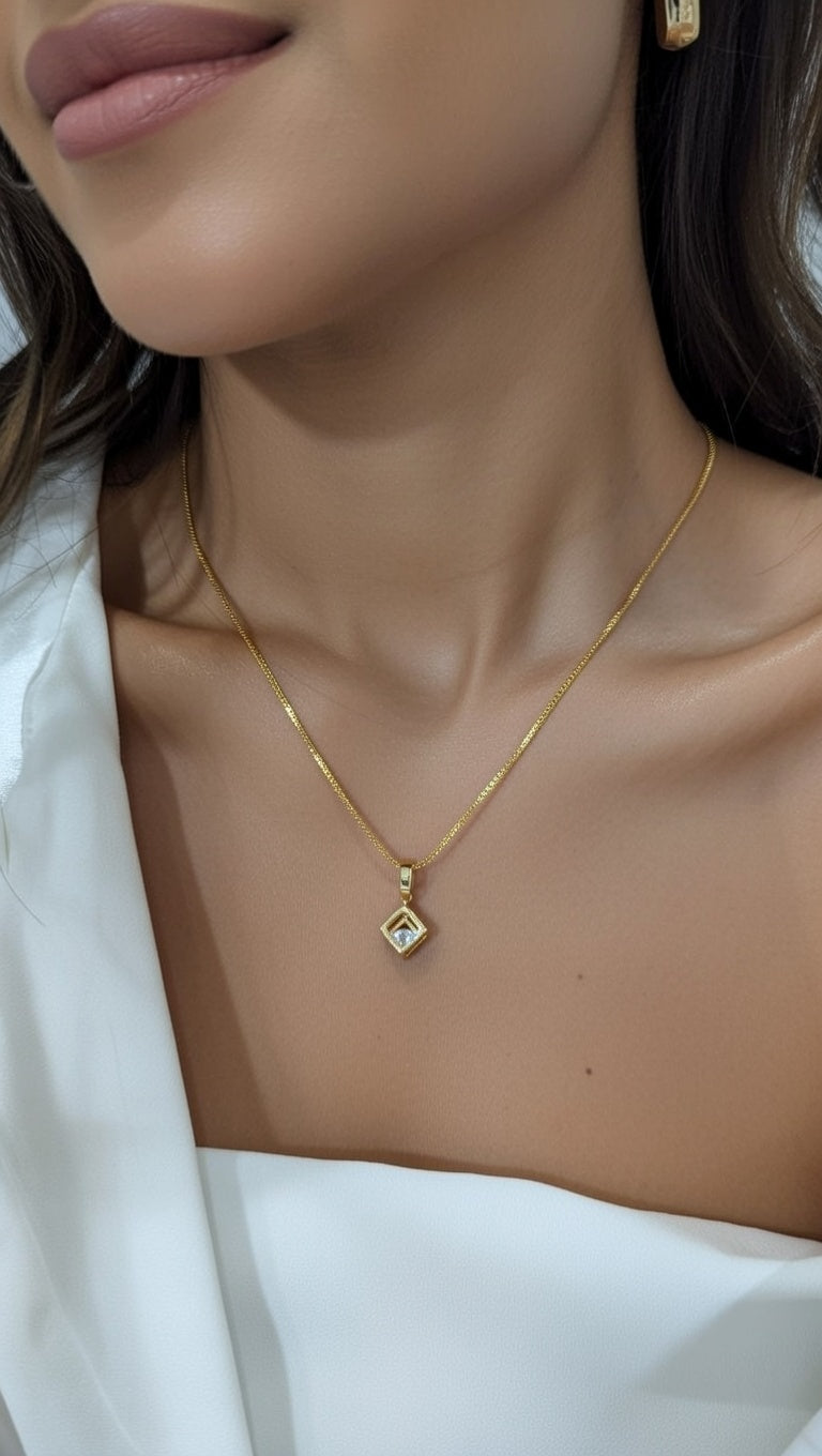 yellow gold geometric glistening lab-grown diamond pendant necklace.