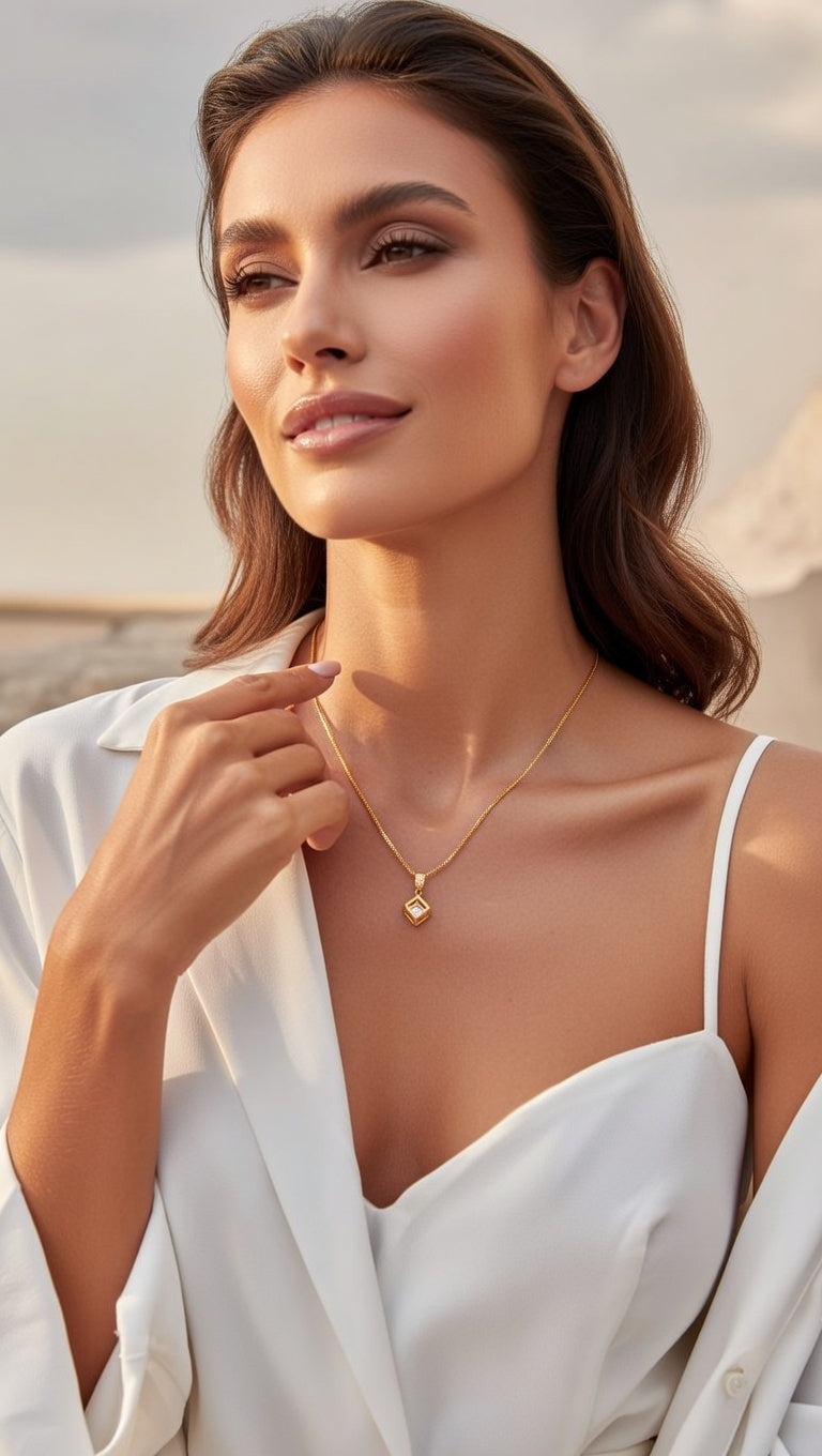 yellow gold geometric glistening lab-grown diamond pendant necklace.