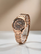 Rose gold dial women's watch with a stainless steel strap,