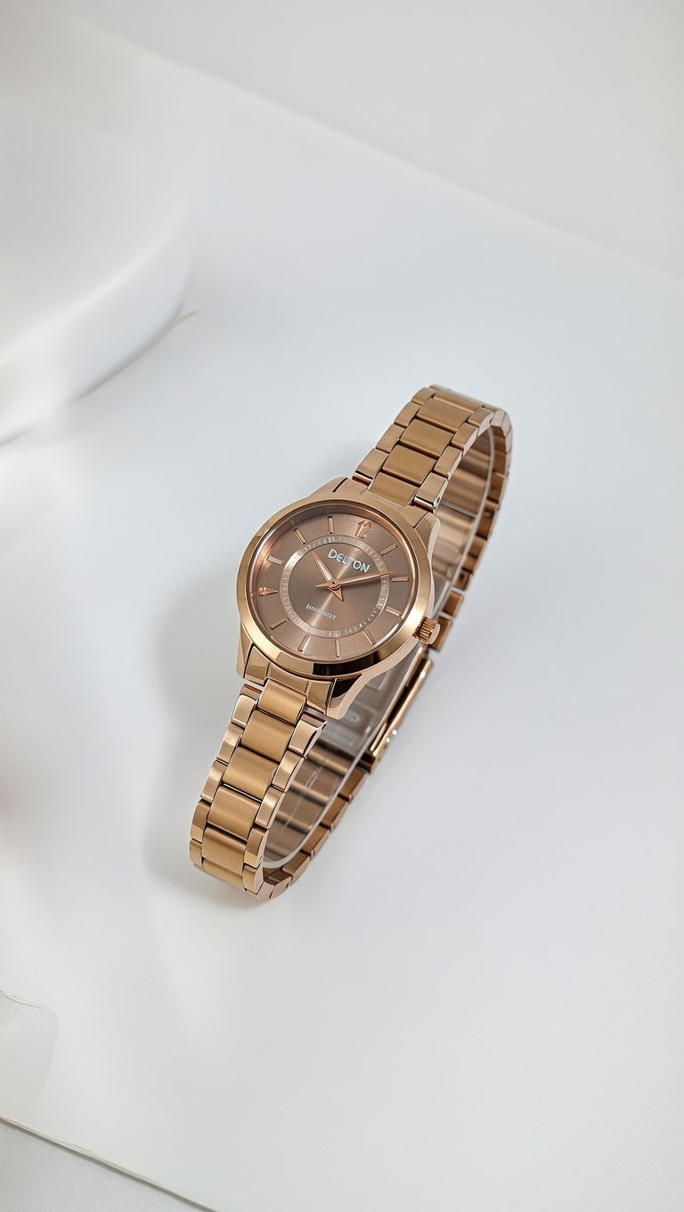 Rose gold dial women's watch with a stainless steel strap,