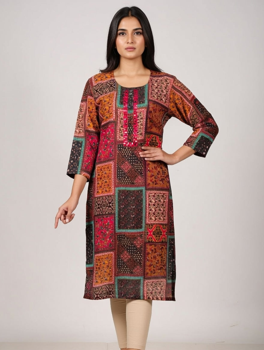 Multi Colour Patchwork Rayon Kurti Set