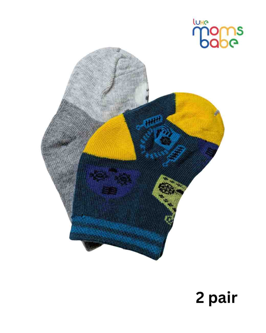Baby Socks - Pack of 2 for Baby boys ( 6-12 Months )-grey, navy blue, and yellow,aby socks, baby boy socks, infant socks 6–12 months, cotton baby socks