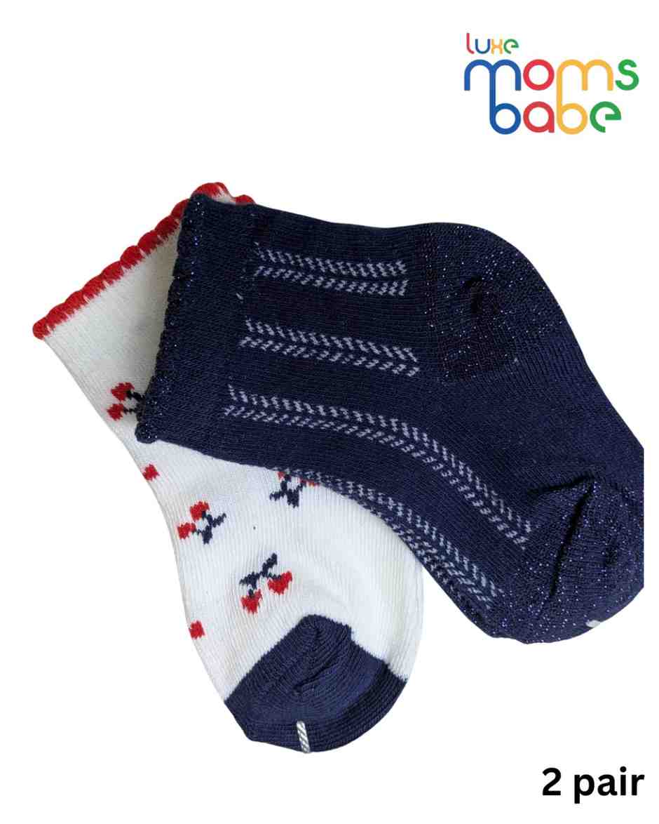 Baby Socks - Pack of 2 for Baby boys ( 6 - 12 Months )-Dark blue,White&Red,cotton baby socks, soft baby socks, dark blue baby socks, white baby socks, red baby