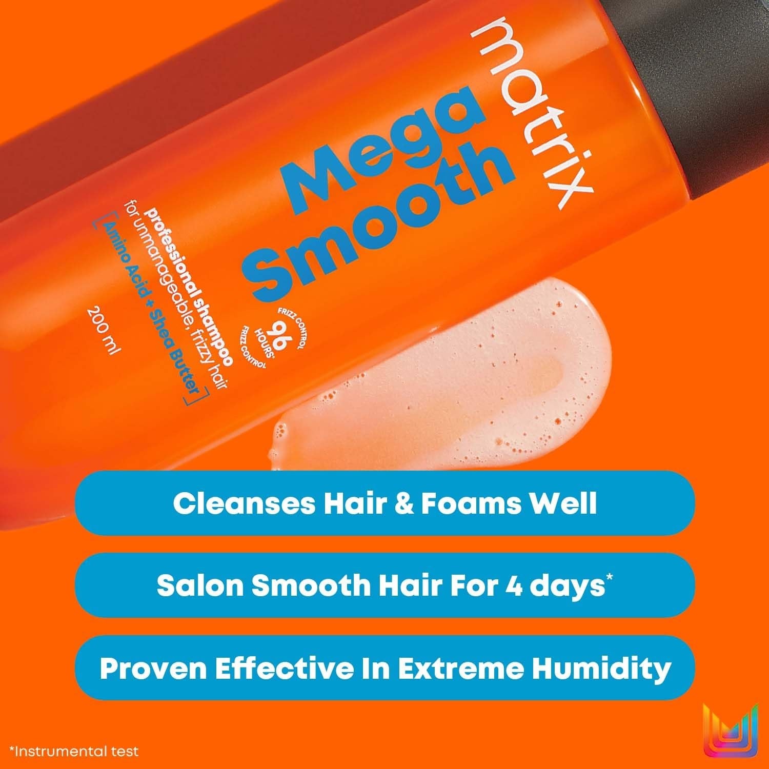 Matrix Mega Smooth Professional Shampoo with Shea Butter & Amino Acids, for Frizzy Hair | Max Smoothness for 4 Days | Used by 1 Lakh Hairstylists*| For All Hair