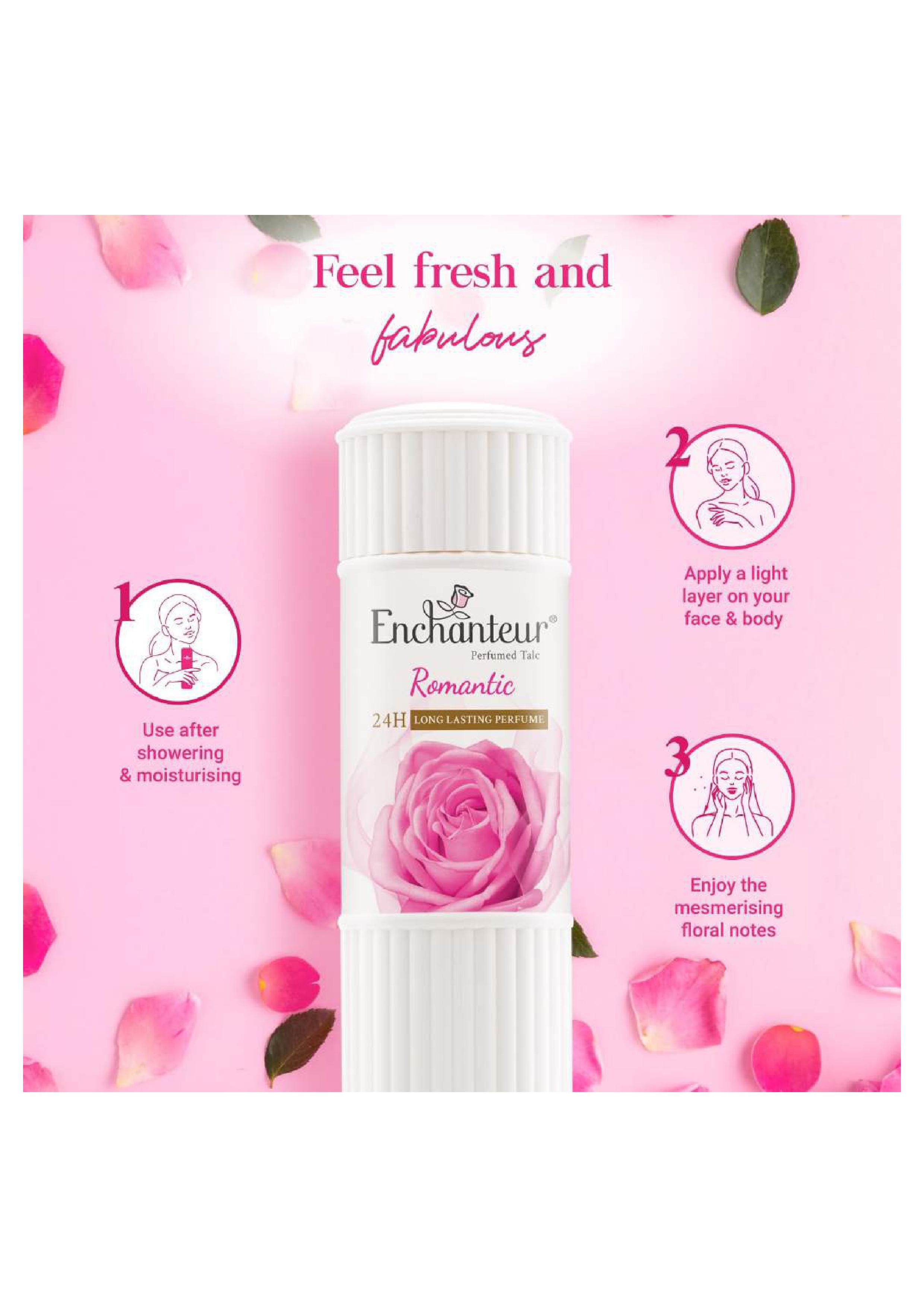 Enchanteur Romantic Perfumed Talcum Powder,Long Lasting Fragrance Talcum Powder,Rose & Jasmine Talcum Powder, Smooth Skin Talc for Daily Use.