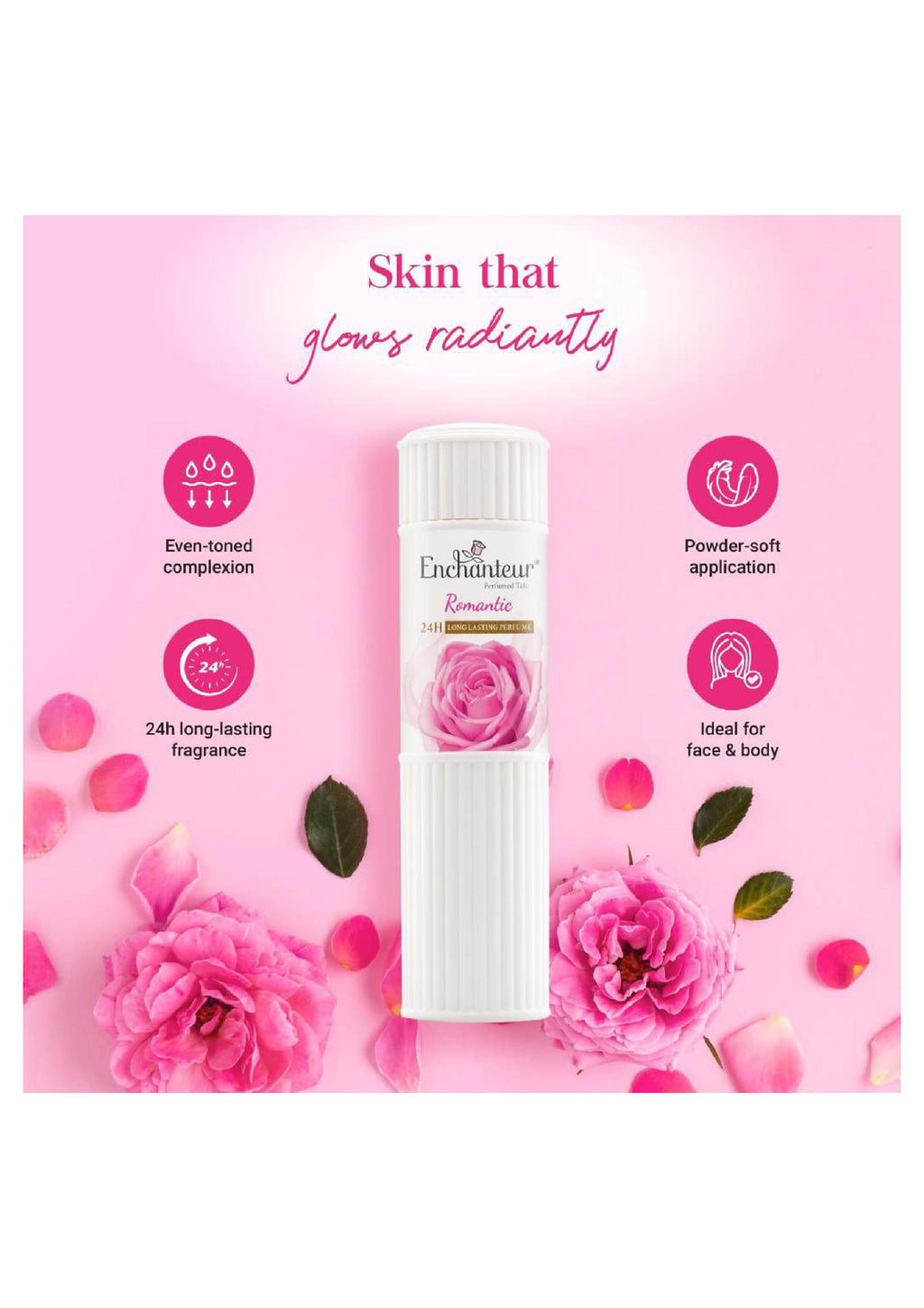 Enchanteur Romantic Perfumed Talcum Powder,Long Lasting Fragrance Talcum Powder,Rose & Jasmine Talcum Powder, Smooth Skin Talc for Daily Use.