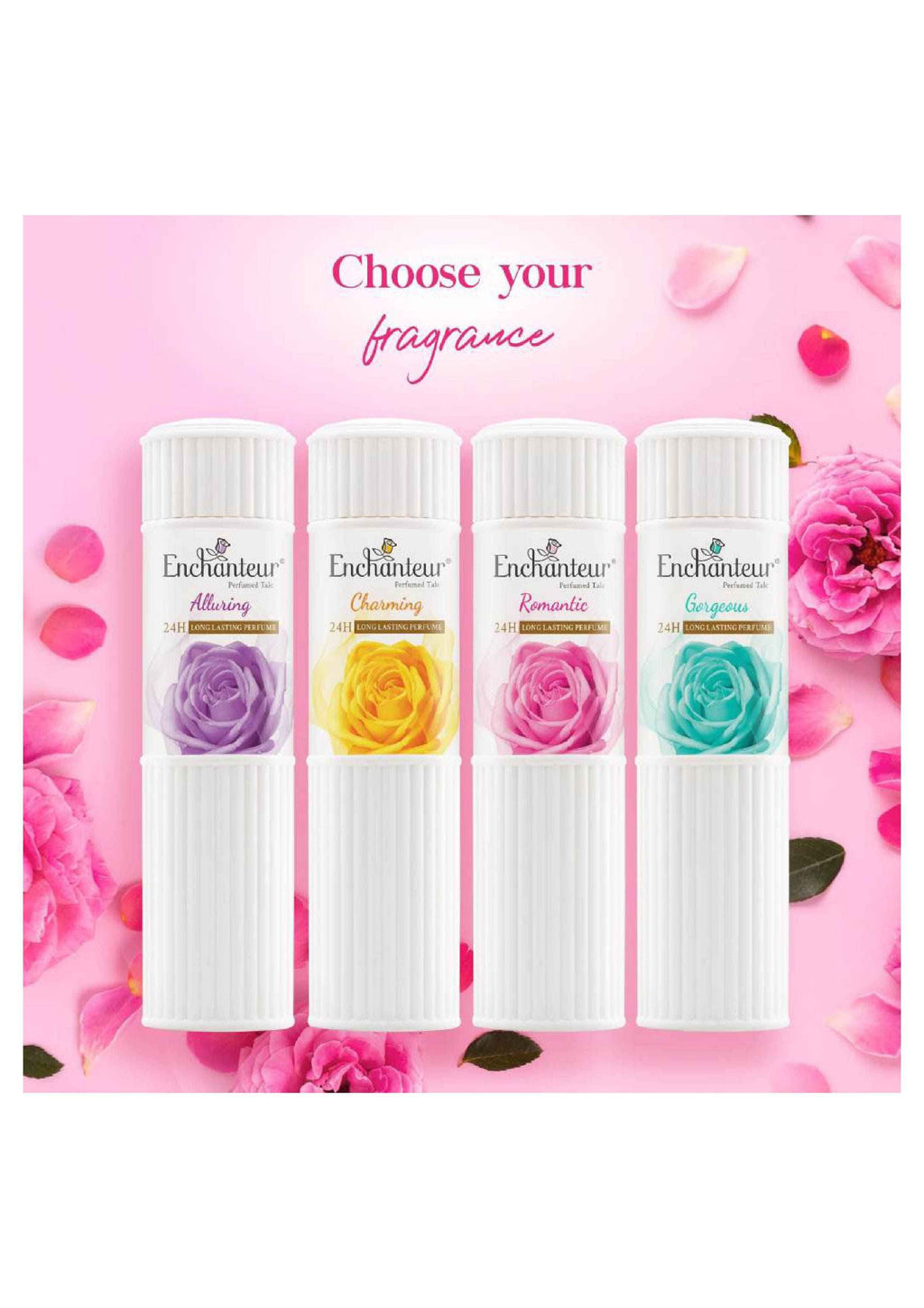 Enchanteur Romantic Perfumed Talcum Powder,Long Lasting Fragrance Talcum Powder,Rose & Jasmine Talcum Powder, Smooth Skin Talc for Daily Use.