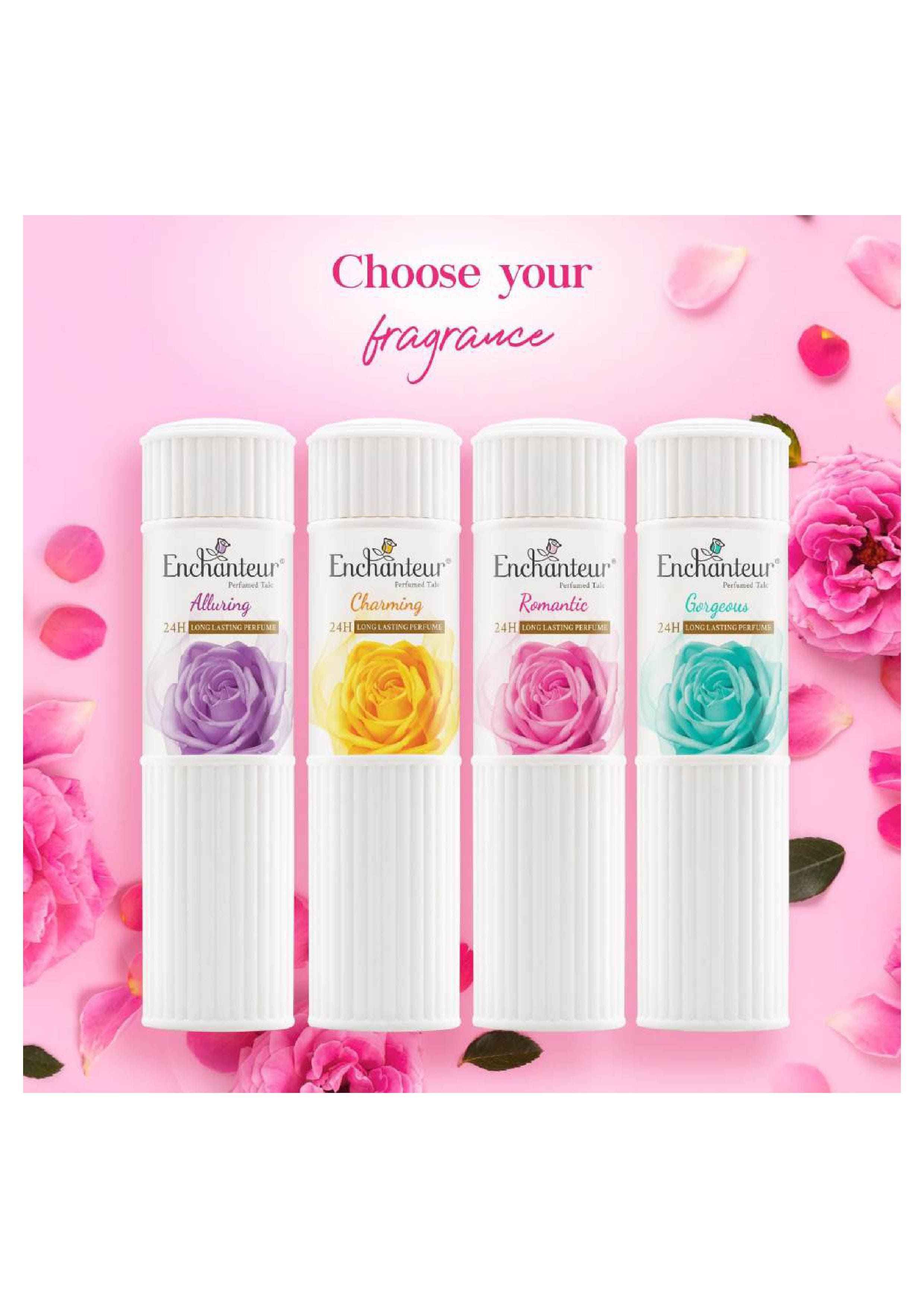 Enchanteur Romantic Perfumed Talcum Powder,Long Lasting Fragrance Talcum Powder,Rose & Jasmine Talcum Powder, Smooth Skin Talc for Daily Use.