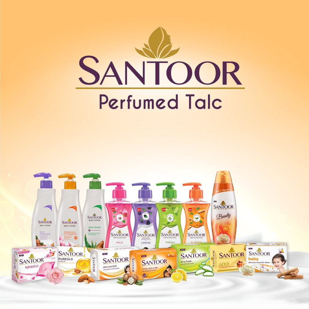 Santoor Beauty Talc with Sandalwood Extracts| Sandal, Rose, Musk & Geranium Mint Fragrance ,Herbal Beauty Talc , Cooling Talcum Powder,Long Lasting Fragrance,