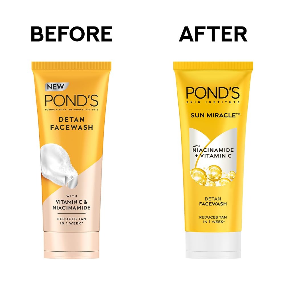 Pond's Detan Face Wash for Tan Removal in Just 7 Days | Contains Vitamin C and Niacinamide | Facewash for All Skin Types, 100gm,Ponds detan face wash