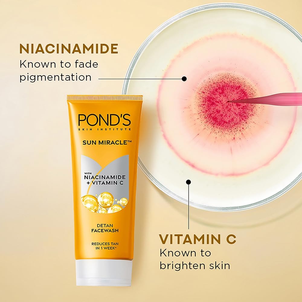 Pond's Detan Face Wash for Tan Removal in Just 7 Days | Contains Vitamin C and Niacinamide | Facewash for All Skin Types, 100gm,Ponds detan face wash