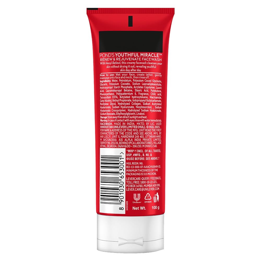 POND'S Youthful Miracle Hexyl Retinol, Renew & Rejuvenate Facewash 100g,Hexyl Retinol facewash, anti-aging face wash, rejuvenating cleanser