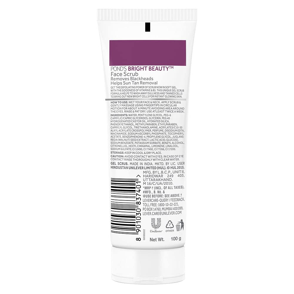 POND'S Bright Beauty Face Scrub, Deep Clean But Mild On Skin, Exfoliate, Remove Blackheads & Sun Tan, Gel Scrub, Bright Glowing Skin, 100 g,POND’S Face Scrub