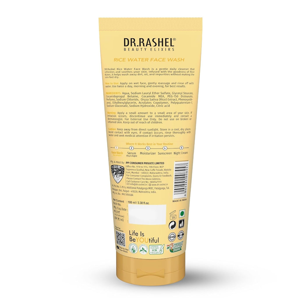 Dr. Rashel Rice Water Face Wash, 100 ml, Gentle Cleanser for Tired Skin, Paraben-Free