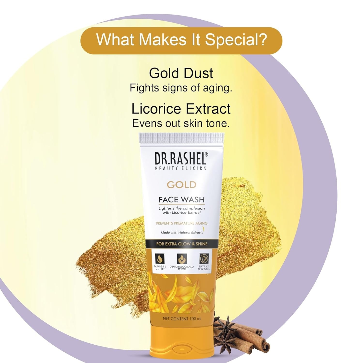 DR.RASHEL Gold Face Wash Lighten the Complexion with Licorice Extract with No Parabens, SLS, Silicones & Colour (100 ml)