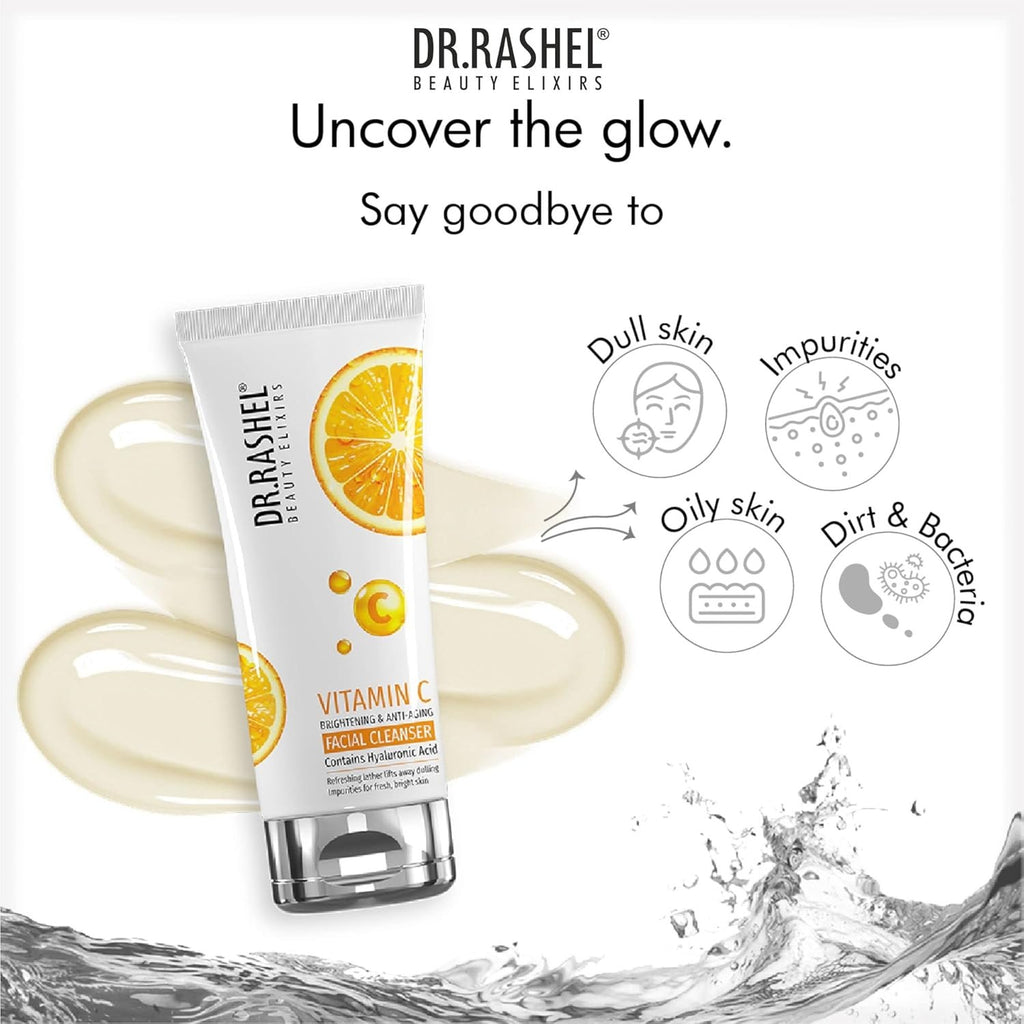 DR.RASHEL Vitamin C Brightening Facial Cleanser | With Hyaluronic Acid | Anti-Aging & Skin Hydration | Gentle Face Wash | 80ml Each | Pack of 2