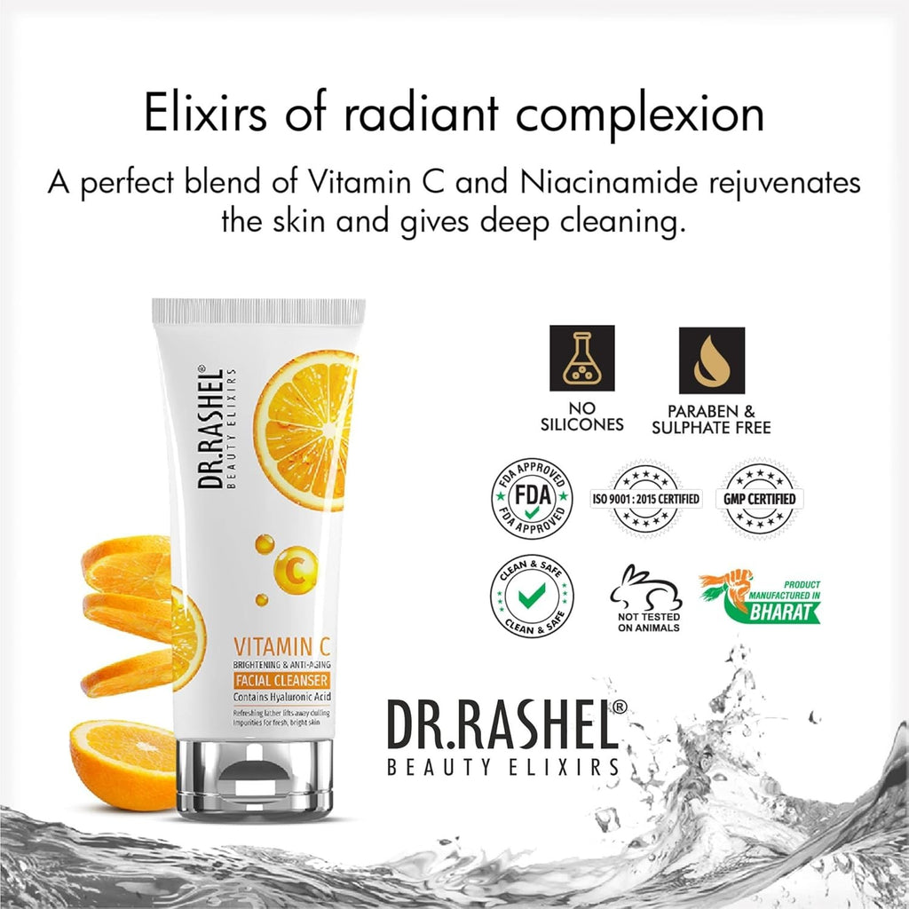 DR.RASHEL Vitamin C Brightening Facial Cleanser | With Hyaluronic Acid | Anti-Aging & Skin Hydration | Gentle Face Wash | 80ml Each | Pack of 2