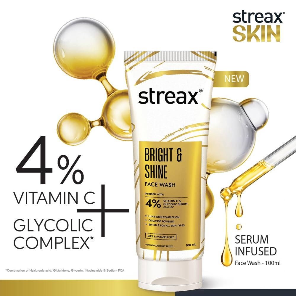 Streax Bright & Shine Face Wash for Glowing Skin,100 ml | 4% Vitamin C & Glycolic Acid Serum Complex | Face Cleanser | Vitamin C Face Wash | For Man & Woman |