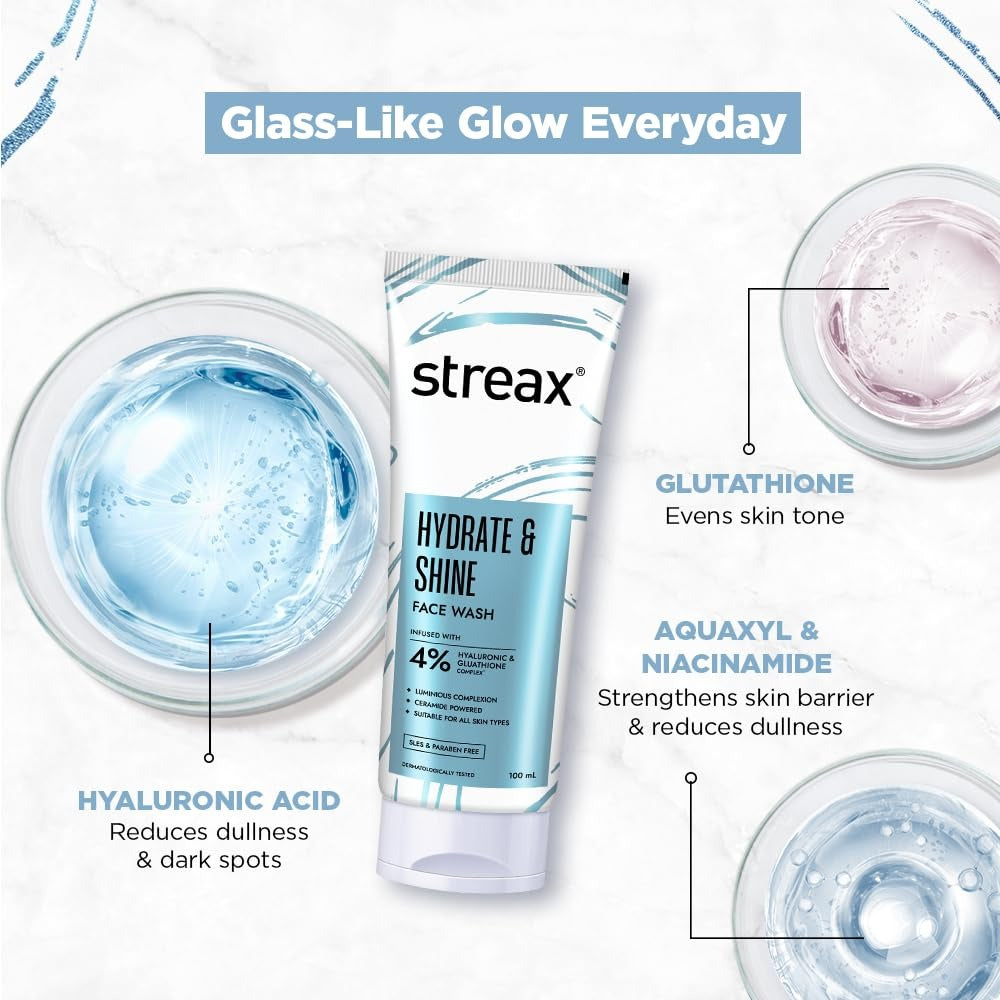 Streax Hydrate & Shine Skin Hydrating Face Wash Cleanser, 100 ml | 4% Hyaluronic & Glutathione Serum Complex | Instant Glow, Glass Skin Finish | For Man & Woman