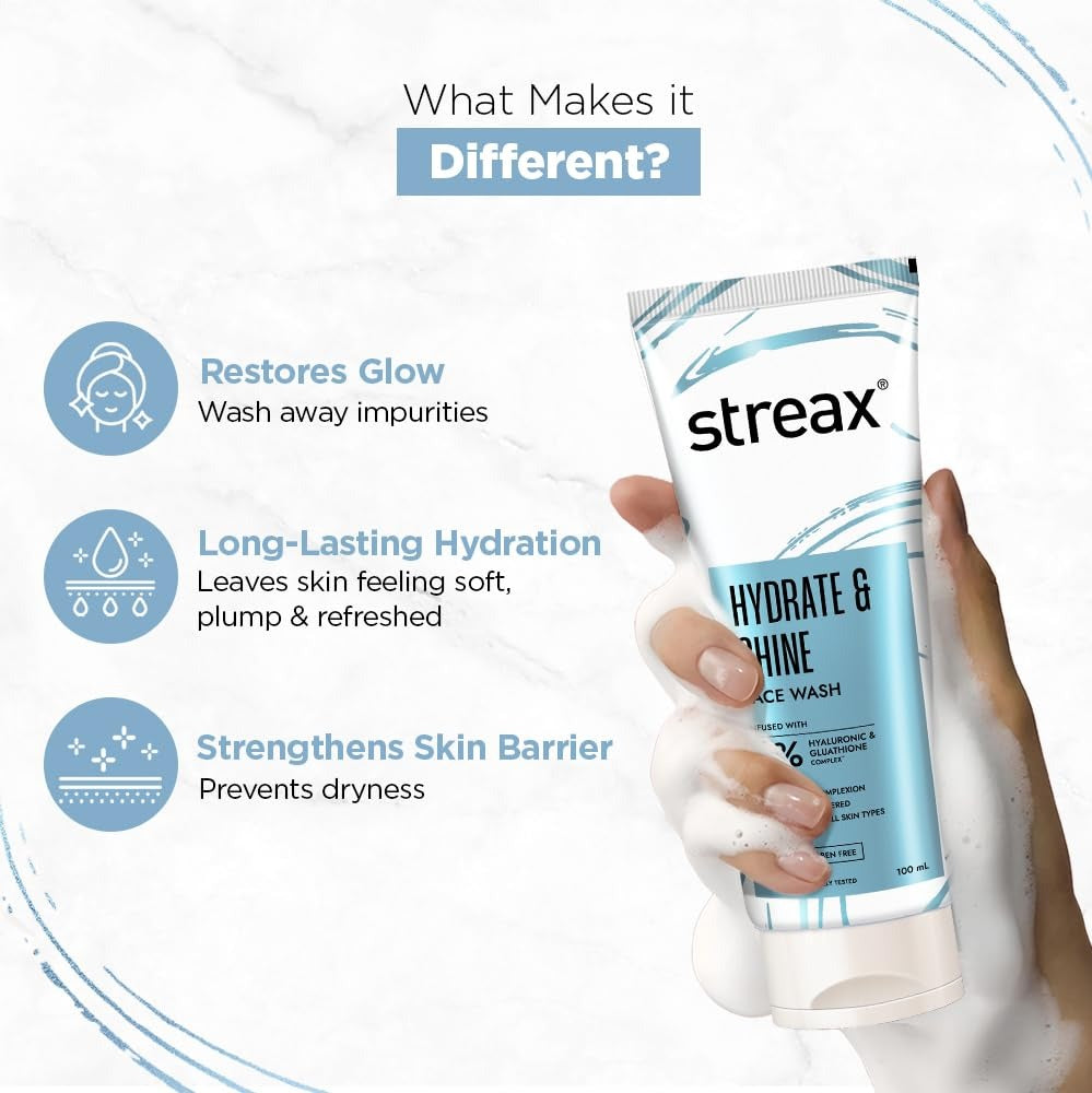 Streax Hydrate & Shine Skin Hydrating Face Wash Cleanser, 100 ml | 4% Hyaluronic & Glutathione Serum Complex | Instant Glow, Glass Skin Finish | For Man & Woman