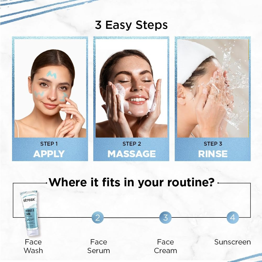 Streax Hydrate & Shine Skin Hydrating Face Wash Cleanser, 100 ml | 4% Hyaluronic & Glutathione Serum Complex | Instant Glow, Glass Skin Finish | For Man & Woman