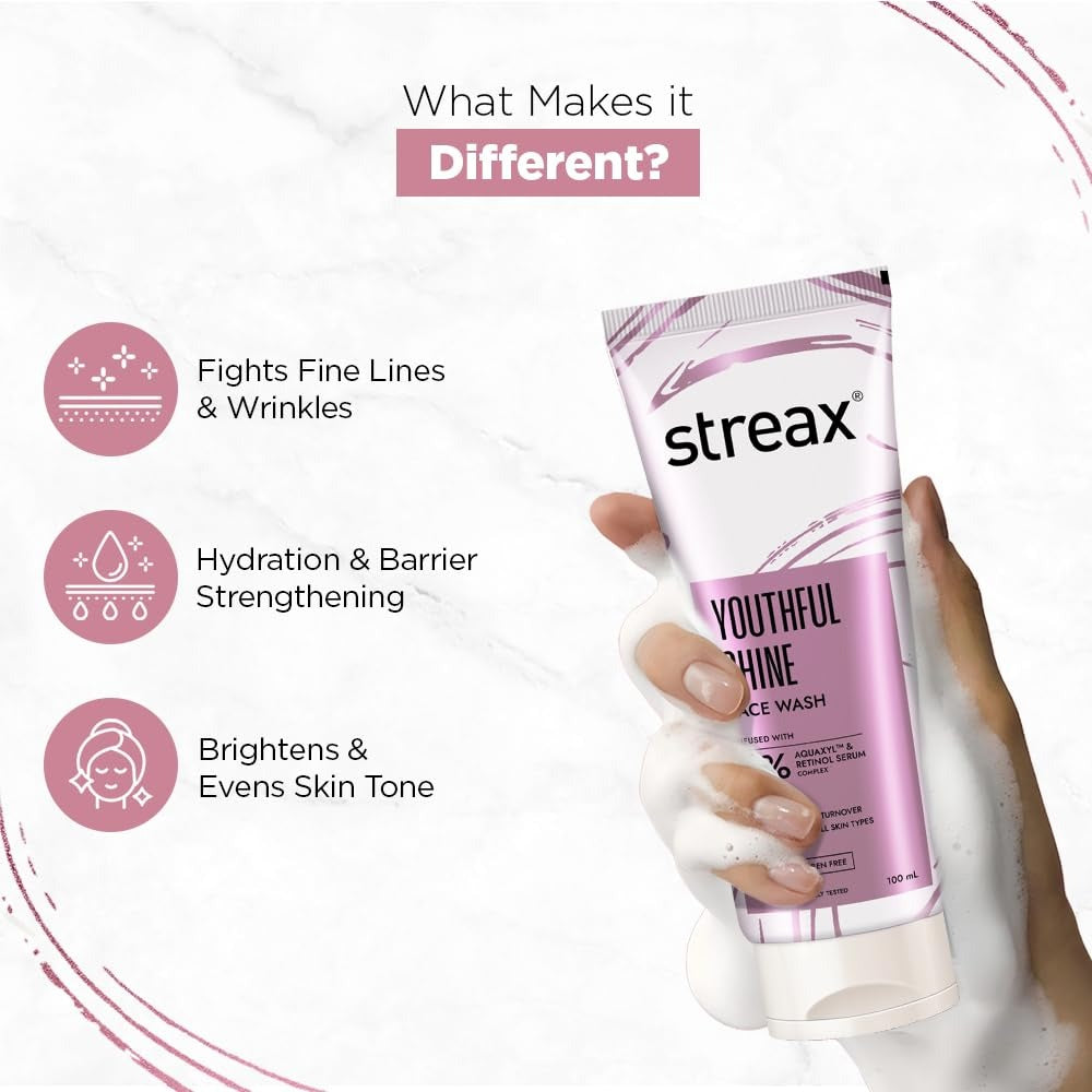 Streax Youthful Shine Anti Ageing Face Wash Cleanser, 100 ml | 4% Aquaxyl & Retinol Serum Complex | Gentle Cleanser For Fine Lines & Wrinkles | Anti-Ageing
