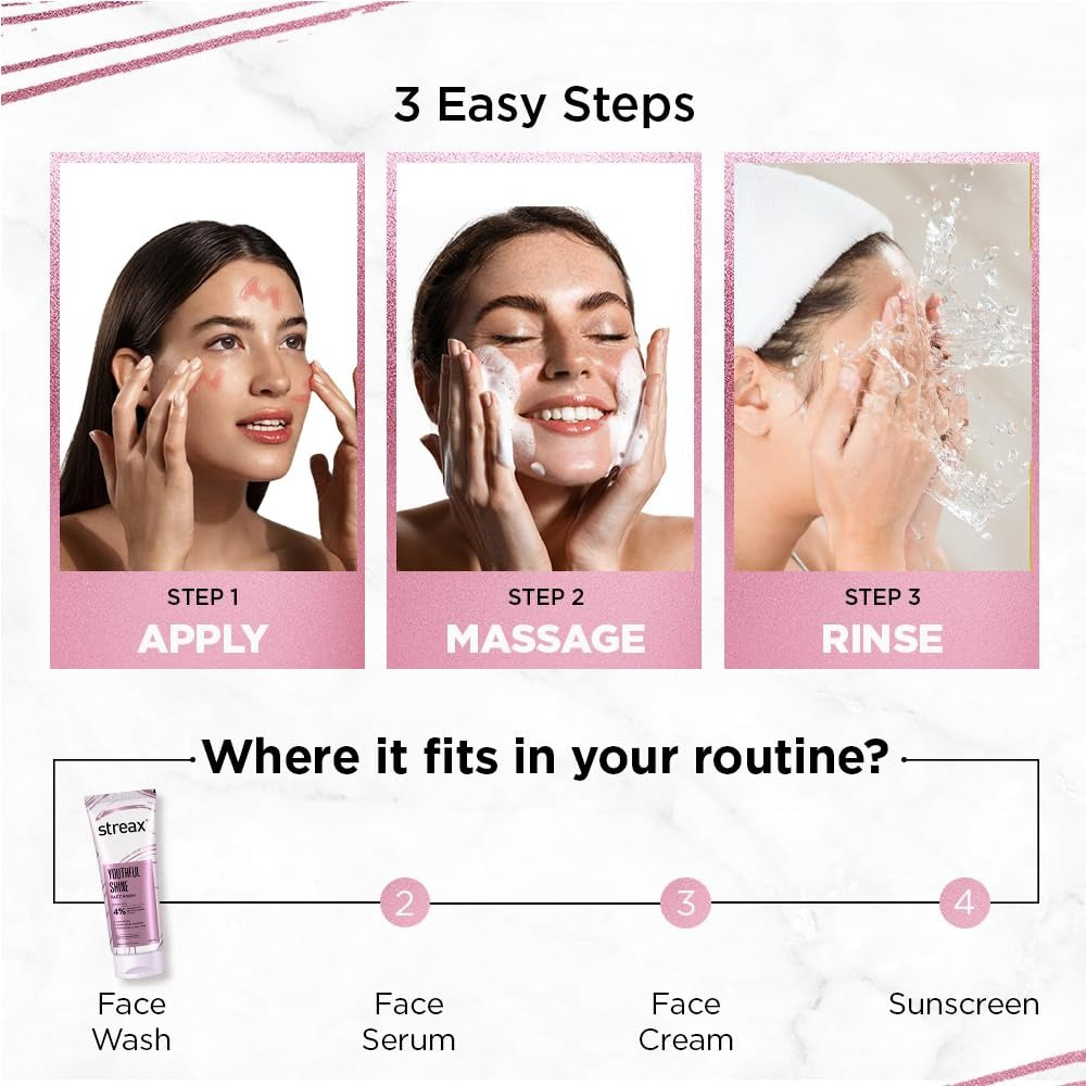 Streax Youthful Shine Anti Ageing Face Wash Cleanser, 100 ml | 4% Aquaxyl & Retinol Serum Complex | Gentle Cleanser For Fine Lines & Wrinkles | Anti-Ageing