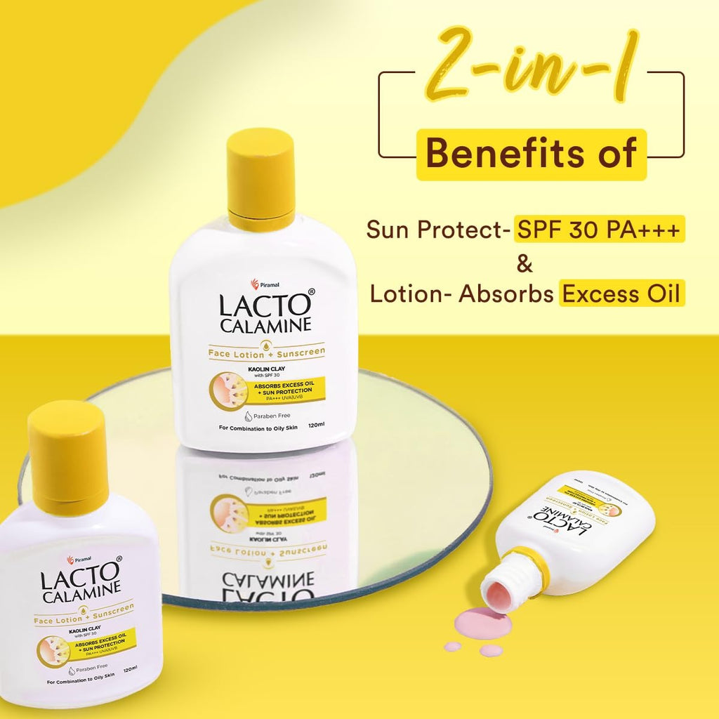 Lacto Calamine Sunscreen Lotion with SPF 30 | 120ml |UVA + UVB PA+++ | Kaolin Clay & Zinc Oxide | Daily Face Moisturizer For Oily Skin