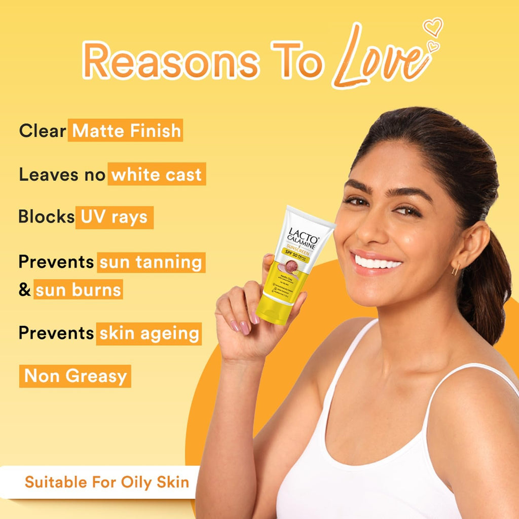 Lacto Calamine Sunscreen SPF 50 | 50g | PA +++ For Oily Skin | UVA – UVB | Water Resistant & No White Cast | With Kaolin Clay, Vitamin E & Lemon Extracts