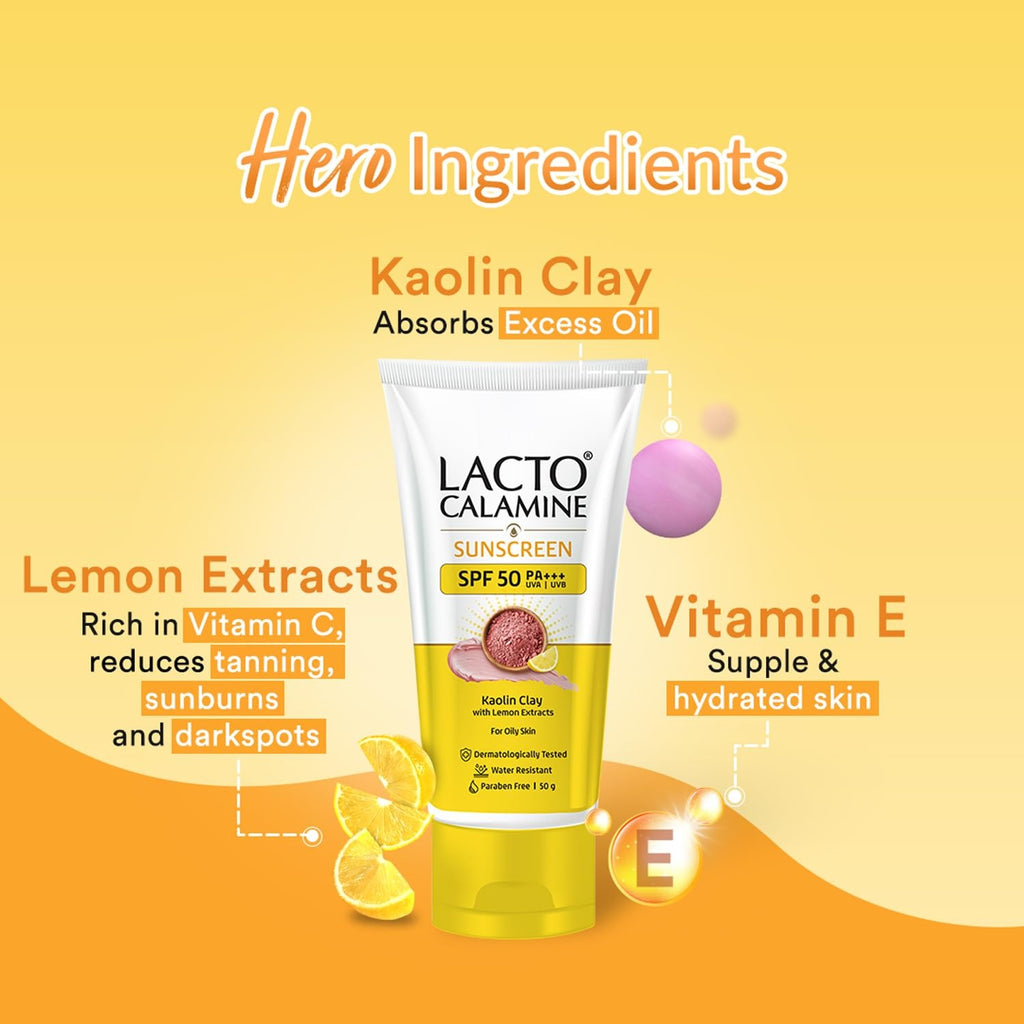 Lacto Calamine Sunscreen SPF 50 | 50g | PA +++ For Oily Skin | UVA – UVB | Water Resistant & No White Cast | With Kaolin Clay, Vitamin E & Lemon Extracts