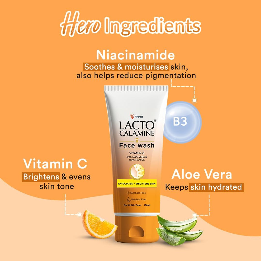 Lacto Calamine Vitamin C Face Wash | Pack of 1 x 100ml | Aloe Vera & Niacinamide Face Wash for Glowing Skin | Facewash that Exfoliates Skin & Reduces