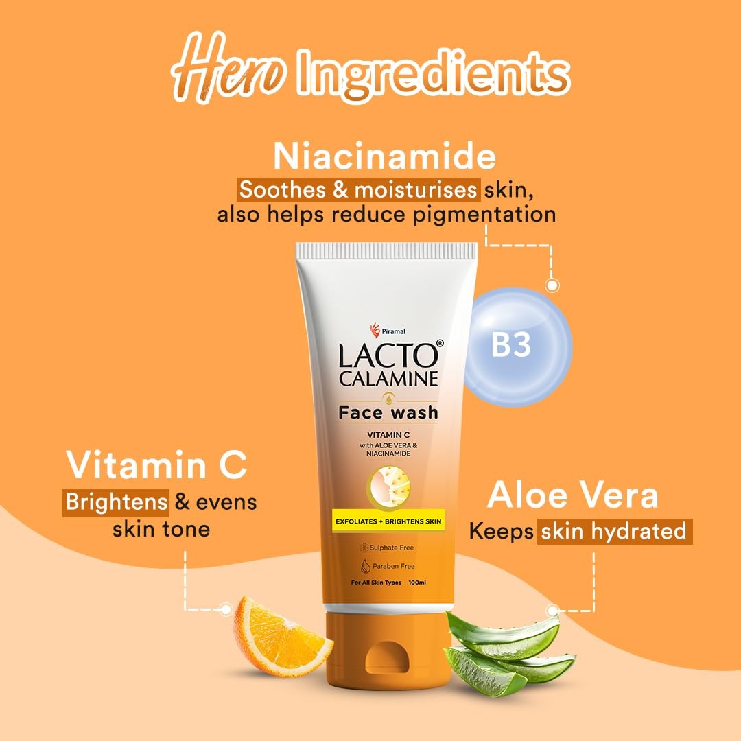 Lacto Calamine Vitamin C Face Wash | Pack of 1 x 100ml | Aloe Vera & Niacinamide Face Wash for Glowing Skin | Facewash that Exfoliates Skin & Reduces