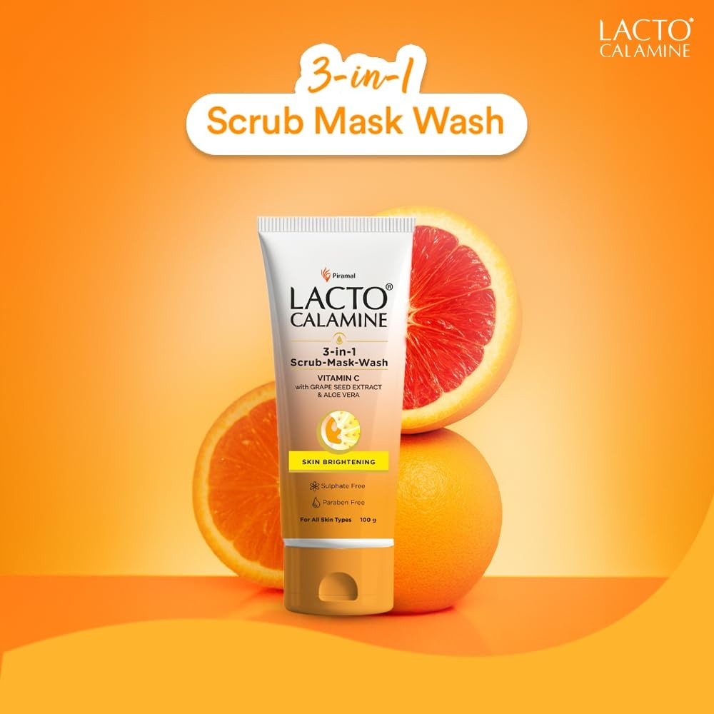 Lacto Calamine 3-in-1 Vitamin C Face Scrub-Mask-Wash for Skin Brightening Effect | 100ml x 1 | Multi-action Vitamin C Face Wash, Face Scrub, Face Mask