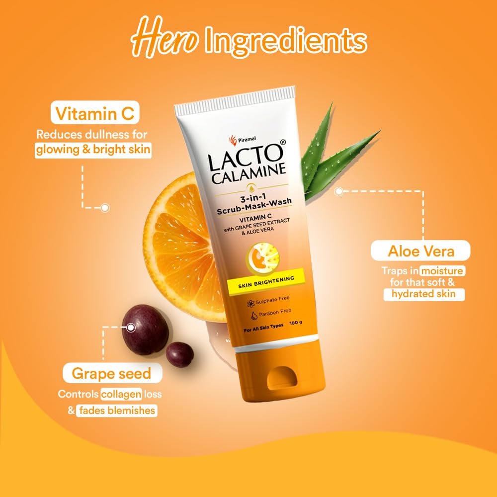 Lacto Calamine 3-in-1 Vitamin C Face Scrub-Mask-Wash for Skin Brightening Effect | 100ml x 1 | Multi-action Vitamin C Face Wash, Face Scrub, Face Mask