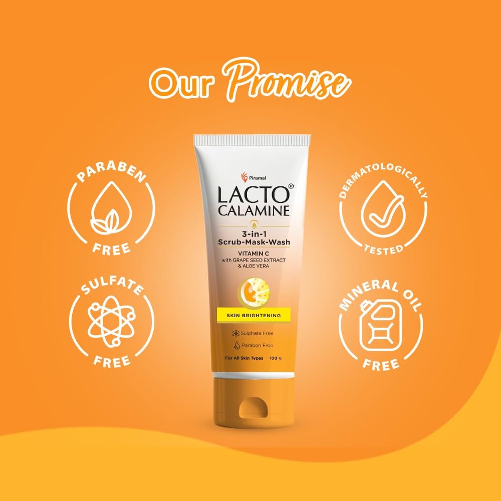 Lacto Calamine 3-in-1 Vitamin C Face Scrub-Mask-Wash for Skin Brightening Effect | 100ml x 1 | Multi-action Vitamin C Face Wash, Face Scrub, Face Mask