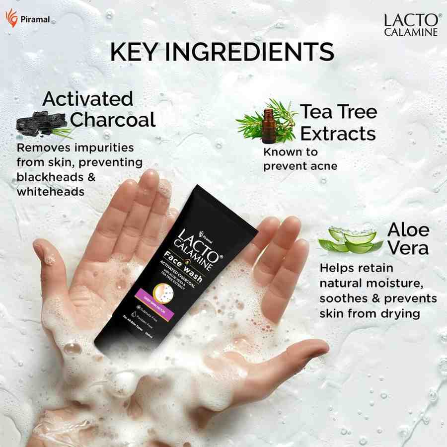 Lacto Calamine Activated Charcoal Face Wash with Aloe Vera & Tea Tree Extract for Deep Skin Detox. Removes impurities and fights blackheads & whiteheads