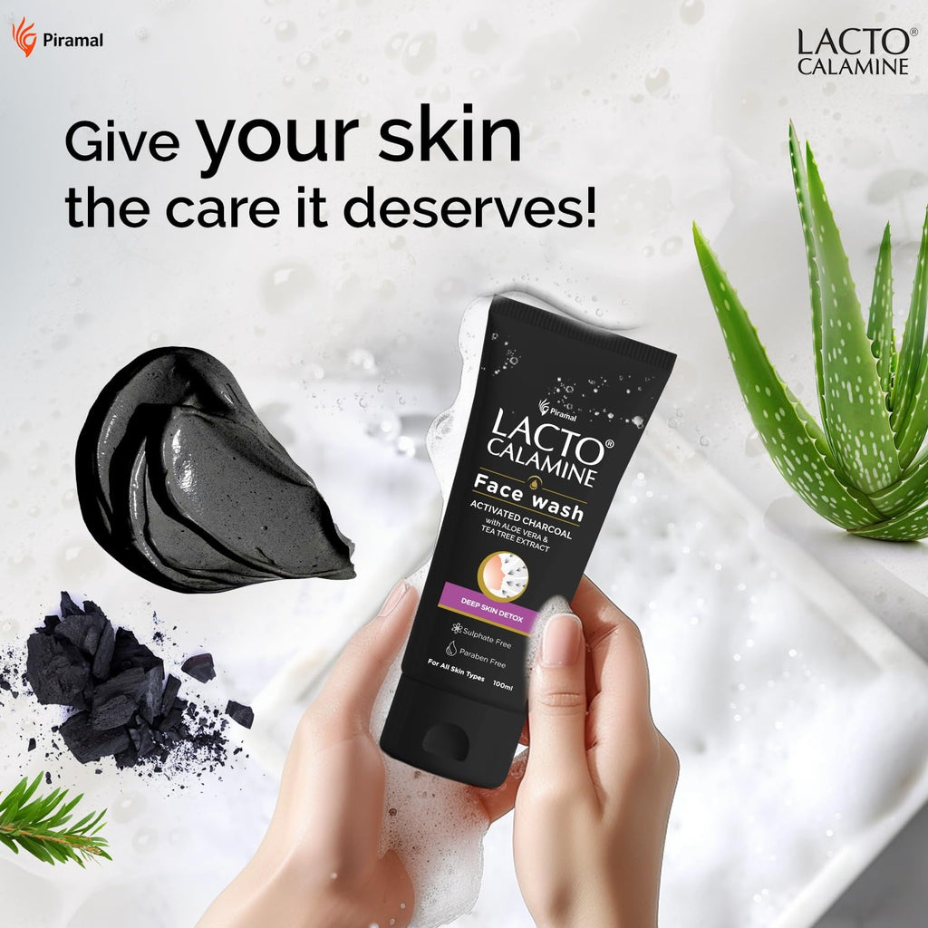 Lacto Calamine Activated Charcoal Face Wash with Aloe Vera & Tea Tree Extract for Deep Skin Detox. Removes impurities and fights blackheads & whiteheads