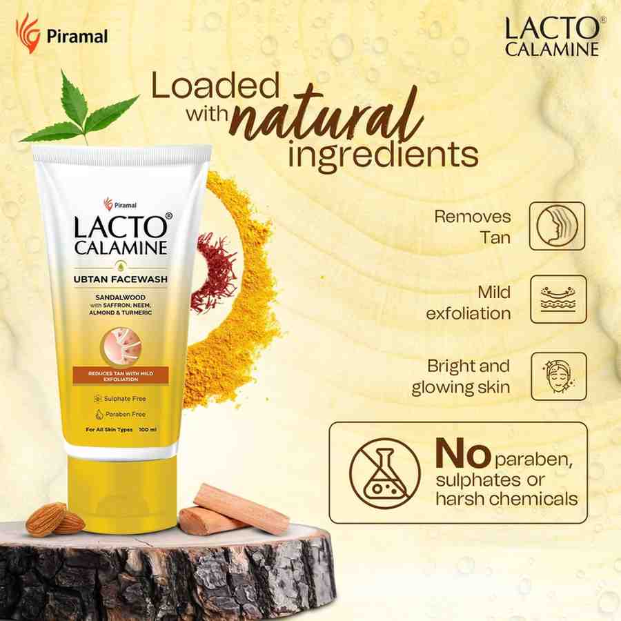Lacto Calamine Ubtan Face Wash for Glowing Skin | Natural Face Wash with Sandalwood, Saffron, Neem, Almond & Turmeric | Exfoliating Facewash reduces Tan