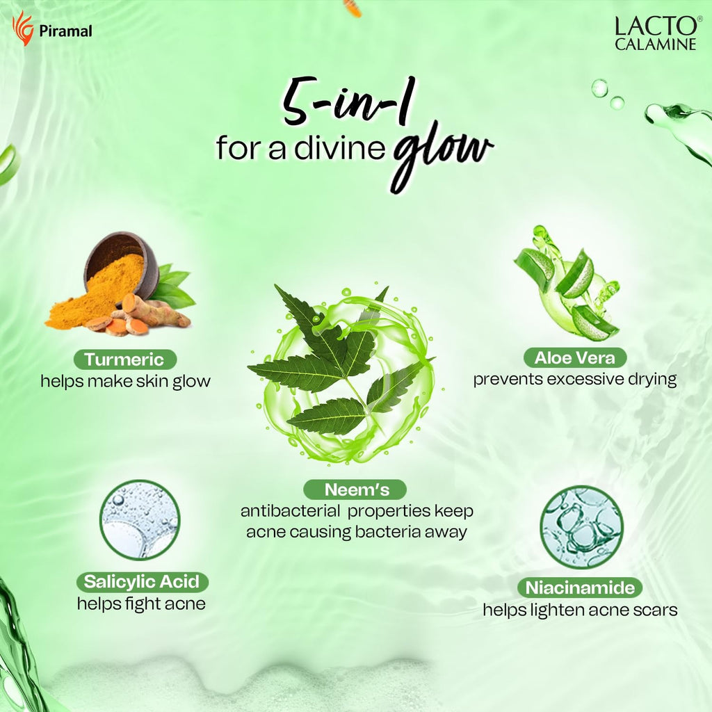 Lacto Calamine Neem Face Wash With Aloe Vera & Turmeric | 150ml | Niacinamide & Salicylic Acid Face Wash | Facewash Reduces Pimples, Purifies Skin & Oil Control