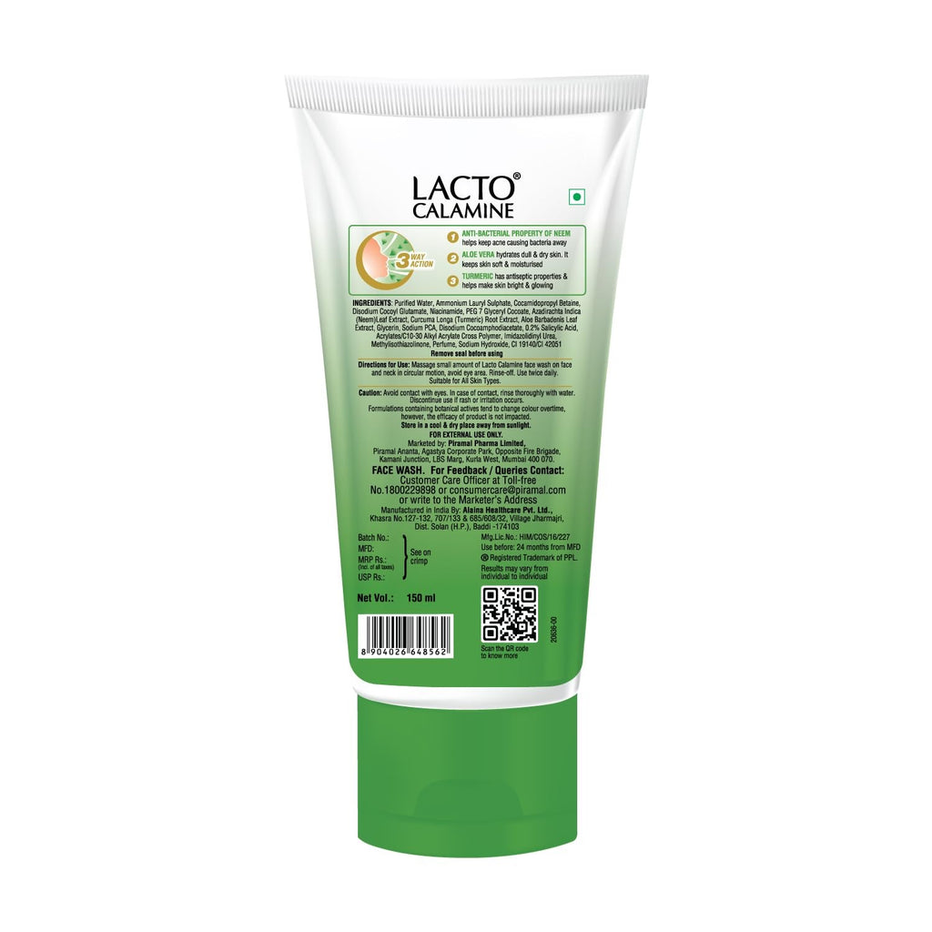 Lacto Calamine Neem Face Wash With Aloe Vera & Turmeric | 150ml | Niacinamide & Salicylic Acid Face Wash | Facewash Reduces Pimples, Purifies Skin & Oil Control