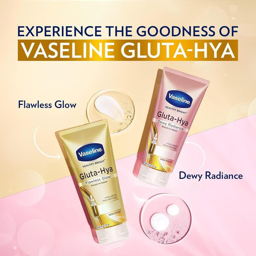 Vaseline Gluta-Hya Flawless Glow Lotion for Face & Body | Gives Brighter Skin | Glutathione & Pro-Retinol Infused Moisturizer, 200ml
