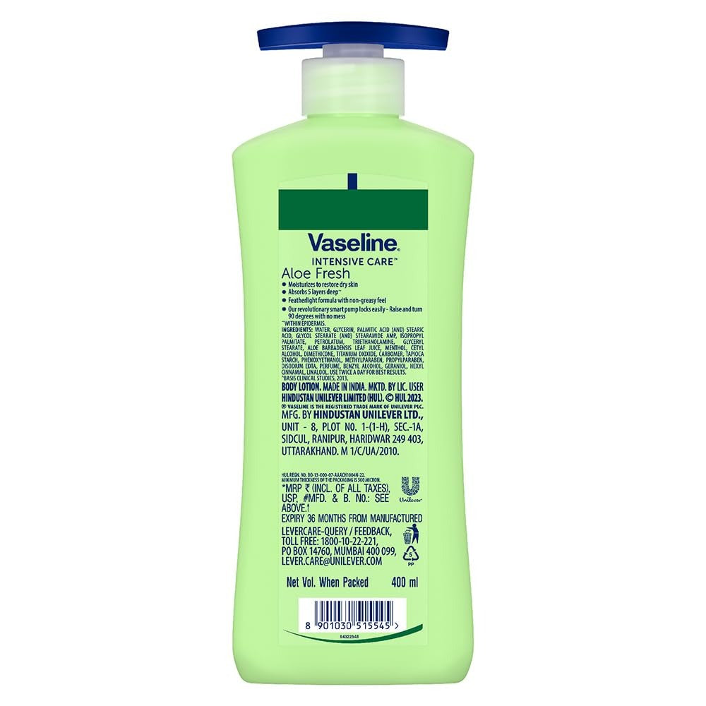 Vaseline Aloe Fresh Body Lotion,24 HR Long Lasting Moisturisation with Aloe Vera extract and Menthol 400ml