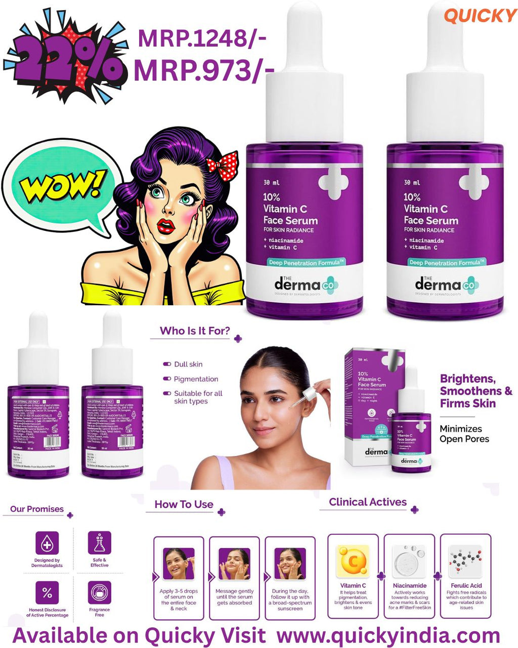 The Derma Co 10% Vitamin C Face Serum with 5% Niacinamide, Powered by Deep Penetration Formula™ | Fades Dark Spots | Reduces Pigmentation | Boosts Collagen